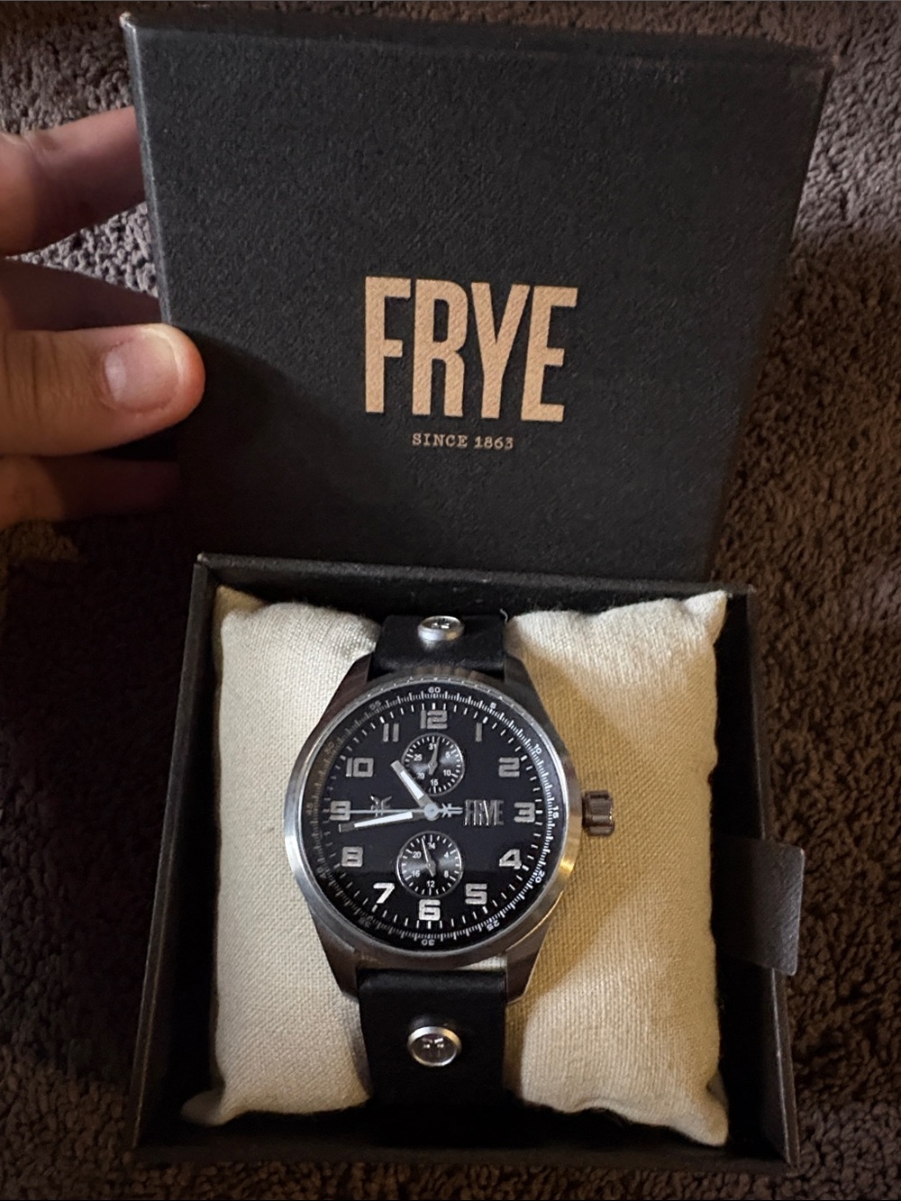 Frye Black Dial Stainless Chronograph Watch with Black Leather Strap